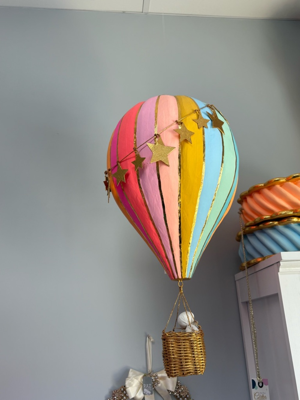 Hand-Painted Hot Air Balloon  - Pastel Rainbow with Gold Stars by Glitterville